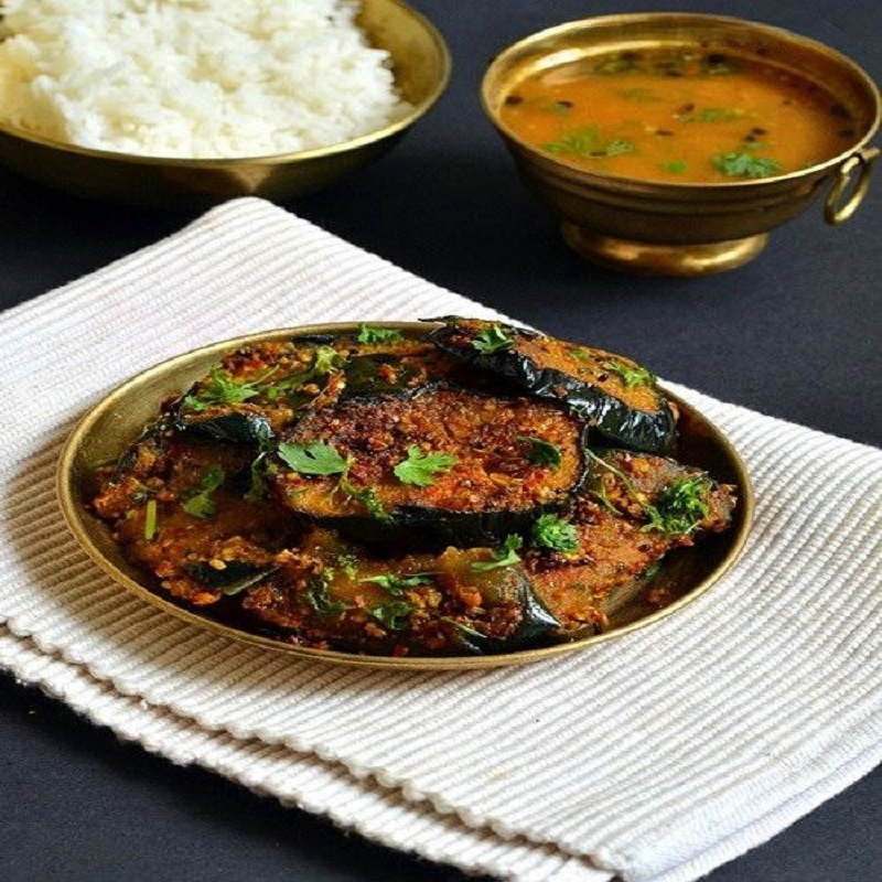 Rice, Bhaja Moong Dal & Begunbhaja